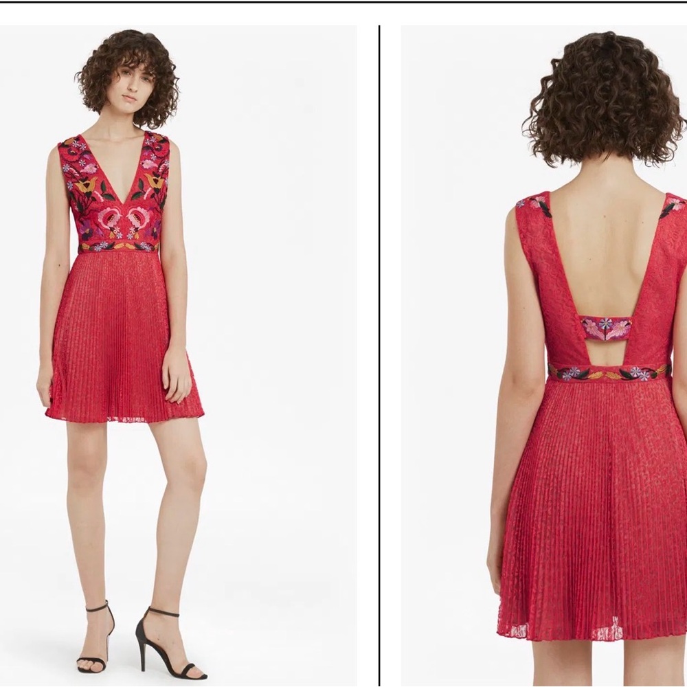 French Connection Fuchsia Red Embroidered V‑Neck Fit & Flare Mini Dress
